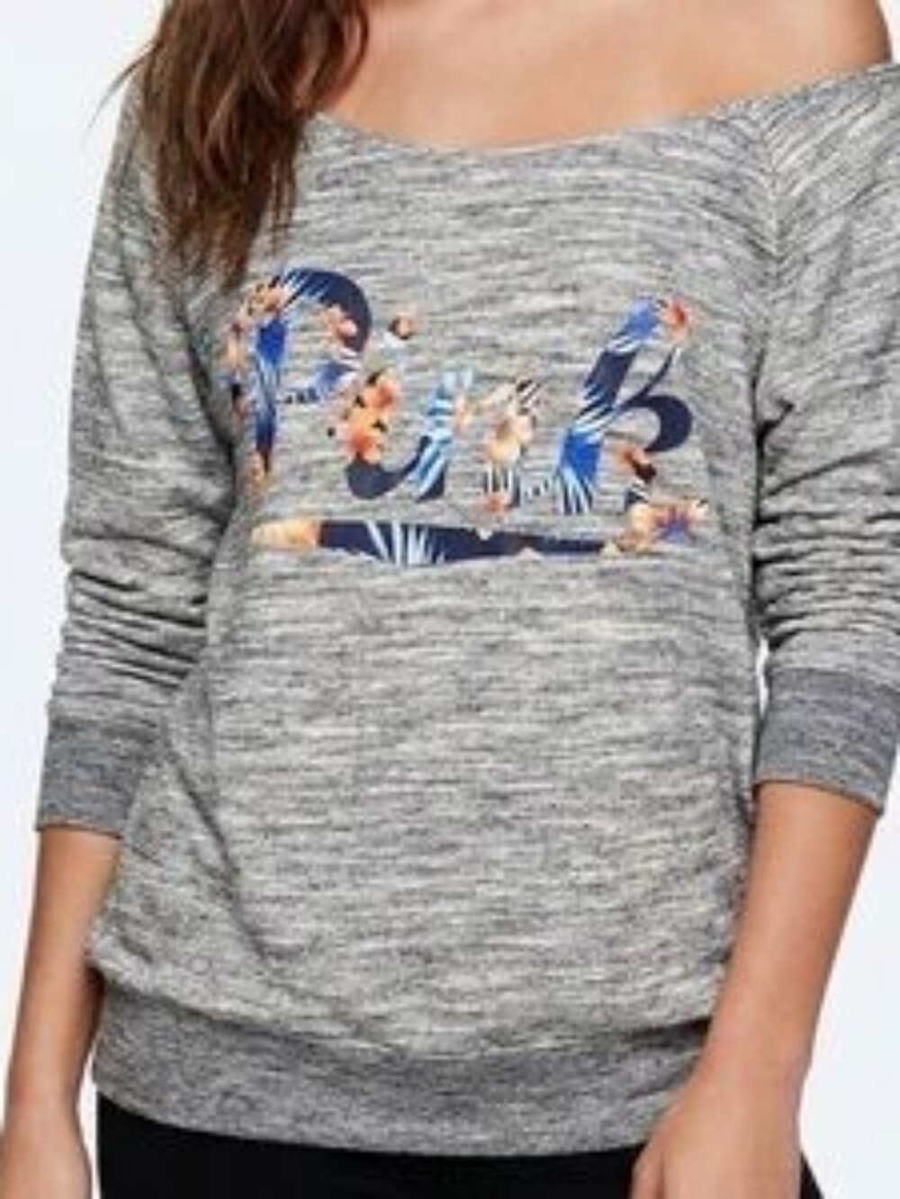 Victoria’s Secret PINK Tropical Logo Off-Shoulder Pullover | Gray | Size Medium